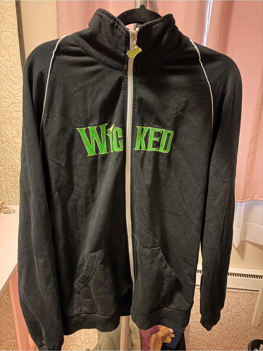 Wicked Broadway Black Zip-Up Hoodie with Green Embroidery